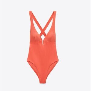Zara Orange One-Piece Swimsuit with Plunging Neckline
